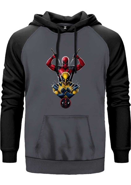 Deadpool Wolverine Warrios Gri Renk Reglan Kol Kapşonlu Sweatshirt