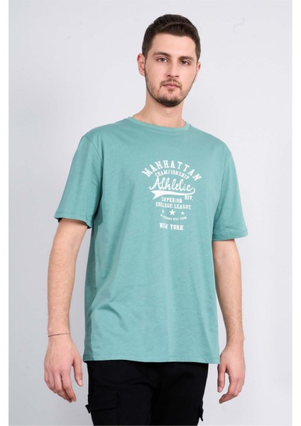 Çetinkaya Mentality 3804 Bisiklet Yaka Penye Regular Baskılı T-Shirt Mavi Yeşil