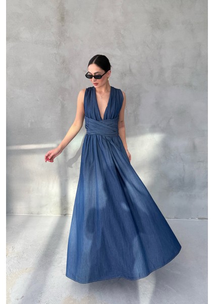 Mavi Bağlama Detaylı Salina Denim Elbise