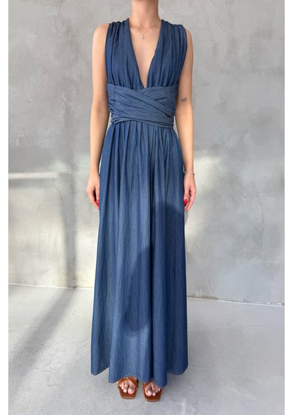 Mavi Bağlama Detaylı Salina Denim Elbise modelleri