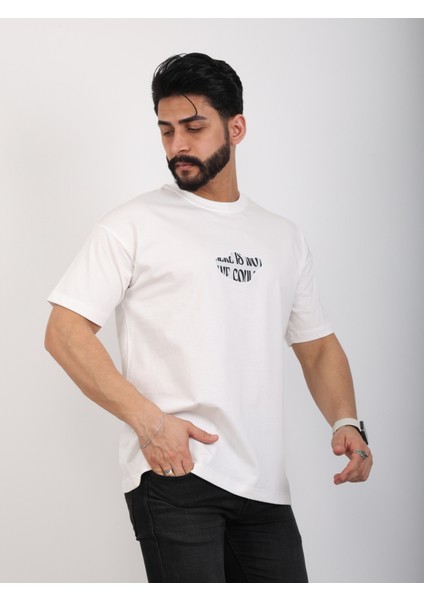Erkek Bisiklet Yaka Baskılı Oversize Tişört