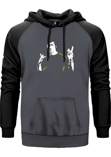 Bruce Lee Figure Gri Renk Reglan Kol Kapşonlu Sweatshirt
