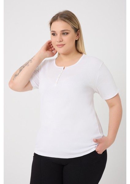Curve Kadın Büyük Beden Pamuklu Likralı Bisiklet Yaka Düğme Detaylı Basic Düz Beyaz Bluz