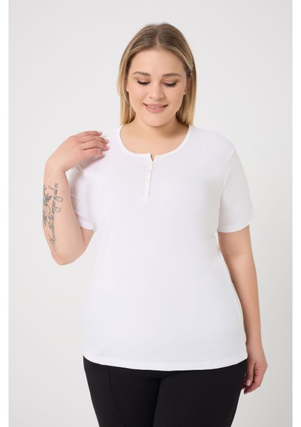 Curve Kadın Büyük Beden Pamuklu Likralı Bisiklet Yaka Düğme Detaylı Basic Düz Beyaz Bluz