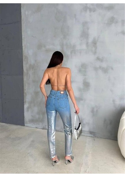 Diz Yırtık Varaklı Mom Kot Pantolon - Gümüş