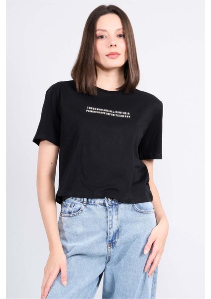 Çetinkaya Fithit 8363 Bayan Bisiklet Yaka 30/1 Penye Regular Crop T-Shirt Siyah