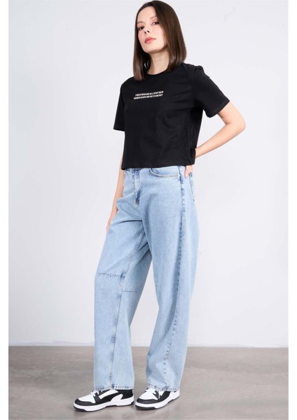 Çetinkaya Fithit 8363 Bayan Bisiklet Yaka 30/1 Penye Regular Crop T-Shirt Siyah
