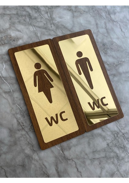 Lux Gold Aynalı Ceviz Mdf Serisi Wc Set Yönlendirme Levhası Kapı Isimliği