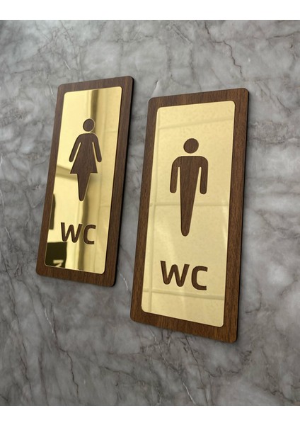 Lux Gold Aynalı Ceviz Mdf Serisi Wc Set Yönlendirme Levhası Kapı Isimliği