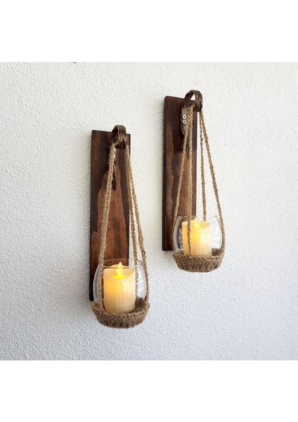 Duvar Dekoru LED Mumlu Ceviz Aplik 2 Li Set, Cafe, Hol, Balkon Dekoru