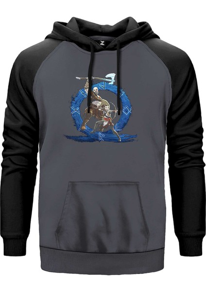 God Of War Ragnarok Kratos Atreus Cartoon Gri Renk Reglan Kol Kapşonlu Sweatshirt