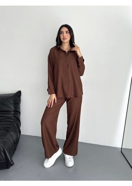 Gömlek Pantolon Ikili Takım - Kahverengi