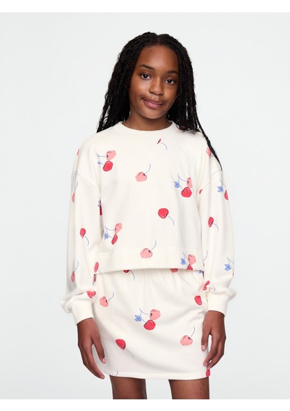 Kız Çocuk Kırık Beyaz Vintage Soft Havlu Kumaş Sweatshirt