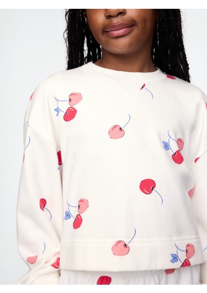 Kız Çocuk Kırık Beyaz Vintage Soft Havlu Kumaş Sweatshirt
