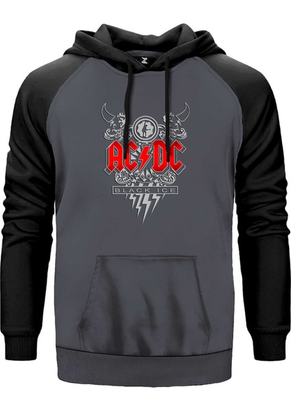 Ac Dc Black Ice Design Gri Renk Reglan Kol Kapşonlu Sweatshirt