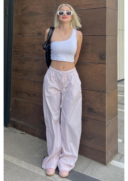 Pudra Beli Ayarlanabilir Bol Paça Dökümlü Çizgili Pantolon MG2087 modelleri