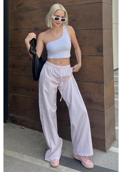 Pudra Beli Ayarlanabilir Bol Paça Dökümlü Çizgili Pantolon MG2087 fırsatları
