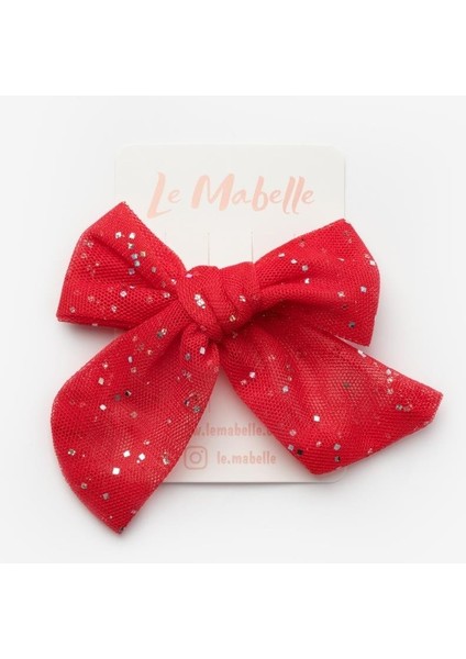 Kırmızı Simli Tül Fiyonk Kız Çocuk Klips Toka