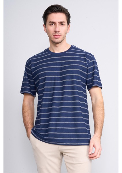 3871 Erkek Bisiklet Yaka 30/1 Jakarlı T-Shirt Lacivert