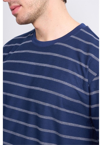 3871 Erkek Bisiklet Yaka 30/1 Jakarlı T-Shirt Lacivert modelleri