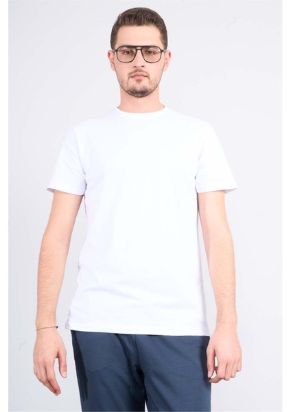 4044 Erkek Bisiklet Yaka Baskılı Regular Ottoman T-Shirt Beyaz