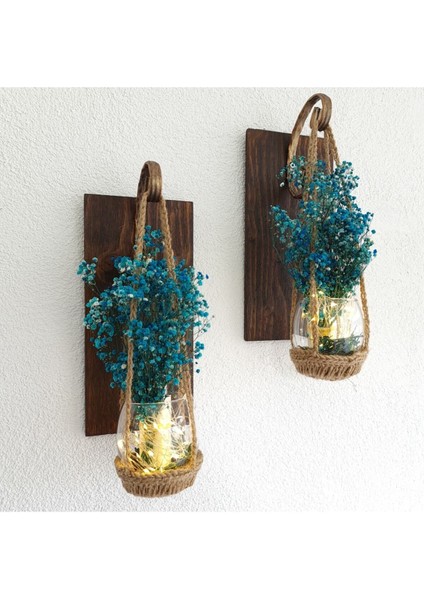 Duvar Dekoru 2 Li Set, LED Işıklı, Mavi Cipso Çiçekli, Ceviz Aplik, Balkon Hol Ev Hediyesi fiyatları
