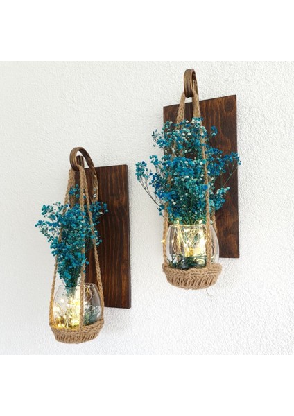 Duvar Dekoru 2 Li Set, LED Işıklı, Mavi Cipso Çiçekli, Ceviz Aplik, Balkon Hol Ev Hediyesi modelleri