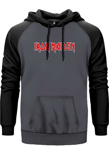 Iron Maiden Red Text Gri Renk Reglan Kol Kapşonlu Sweatshirt