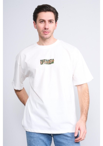 Çetinkaya Chester Polo 3835 Bisiklet Yaka 30/1 Penye Oversize Baskılı T-Shirt Krem