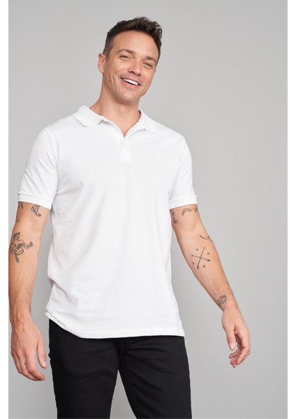 2742-L Erkek Polo Yaka Pike T-Shirt Beyaz %100 Pamuk