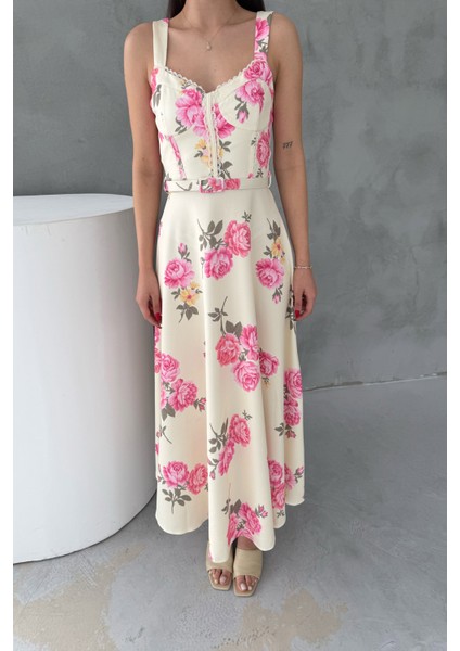 Sarı Çiçekli Askılı Vintage Elbise