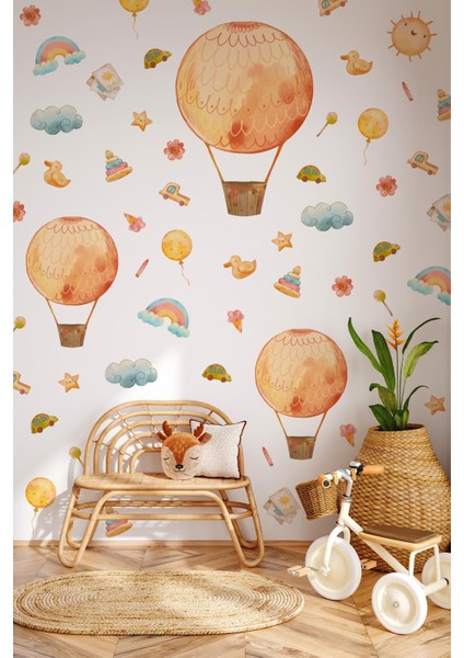 Eğlenceli Balonlar ve Figürler Çocuk Bebek Odası Duvar Cam Sticker Seti, Balon Çiçekler Gökkuşakları