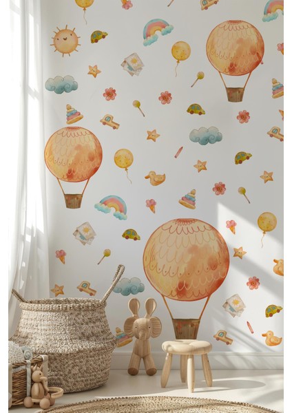 Eğlenceli Balonlar ve Figürler Çocuk Bebek Odası Duvar Cam Sticker Seti, Balon Çiçekler Gökkuşakları