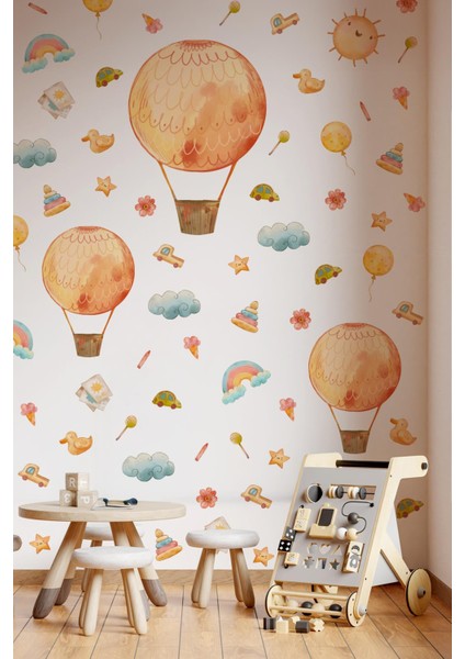 Eğlenceli Balonlar ve Figürler Çocuk Bebek Odası Duvar Cam Sticker Seti, Balon Çiçekler Gökkuşakları