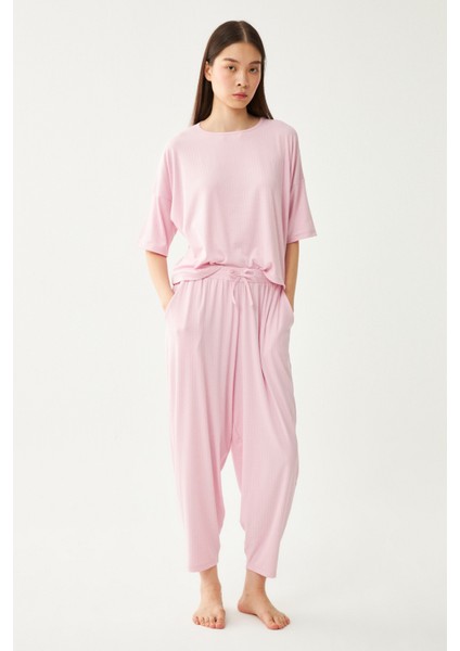Kadın Pembe Dublin Kısa Kol Şalvar Pantolon Pijama Takım