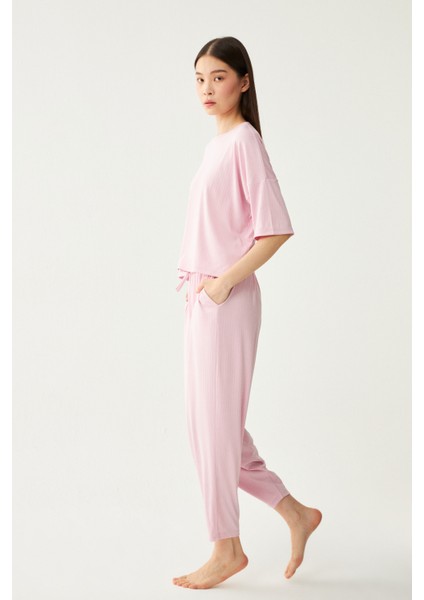 Kadın Pembe Dublin Kısa Kol Şalvar Pantolon Pijama Takım modelleri