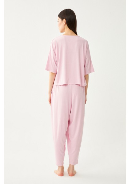 Kadın Pembe Dublin Kısa Kol Şalvar Pantolon Pijama Takım fırsatları