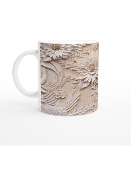 Bej Zemin Üzerine Rölyef Dantelli Çiçekli Kupa Bardak