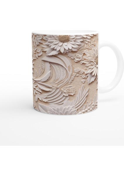 Bej Zemin Üzerine Rölyef Dantelli Çiçekli Kupa Bardak modelleri