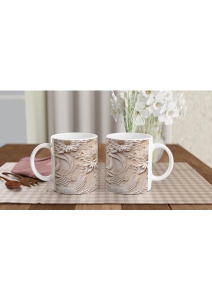 Bej Zemin Üzerine Rölyef Dantelli Çiçekli Kupa Bardak indirimleri