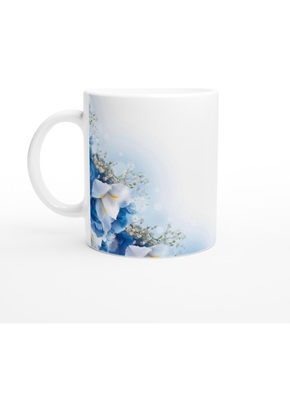 Mavi Beyaz Zarif Çiçek Desenli Kupa Bardak