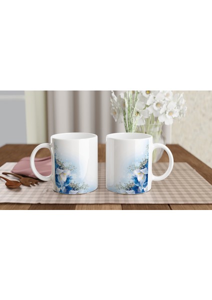 Mavi Beyaz Zarif Çiçek Desenli Kupa Bardak indirimleri