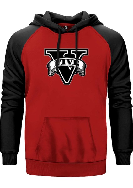 Gta Five Black Logo Kırmızı Renk Reglan Kol Kapşonlu Sweatshirt