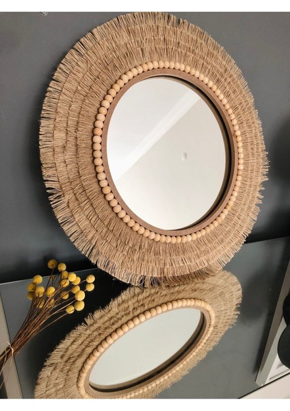 El Yapımı Tasarım Ahşap Boncuklu Jüt Ayna Ofis-Duvar-Balkon Dekorasyonu
