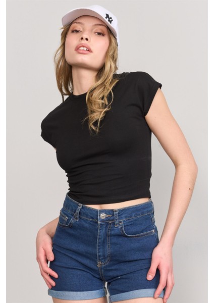 Çetinkaya Fithit 3266 Bayan Bisiklet Yaka 30/1 Compact Penye Süprem Crop T-Shirt Siyah
