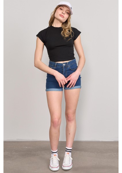 Çetinkaya Fithit 3266 Bayan Bisiklet Yaka 30/1 Compact Penye Süprem Crop T-Shirt Siyah