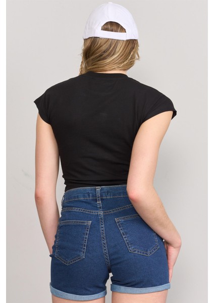 Çetinkaya Fithit 3266 Bayan Bisiklet Yaka 30/1 Compact Penye Süprem Crop T-Shirt Siyah