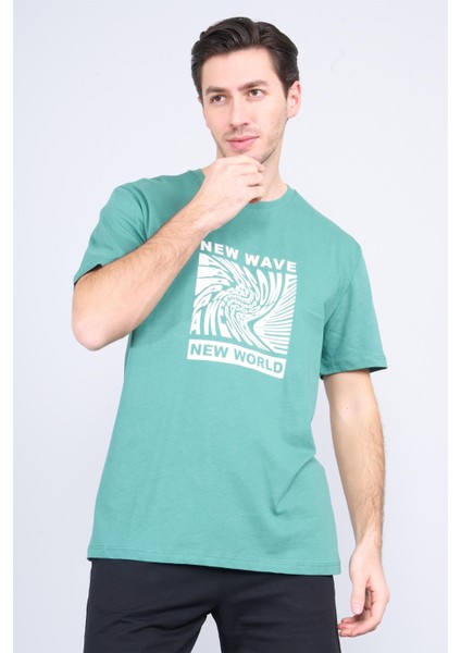 Çetinkaya Mentality 3698 Bisiklet Yaka Penye Regular Baskılı T-Shirt Eski Yeşil