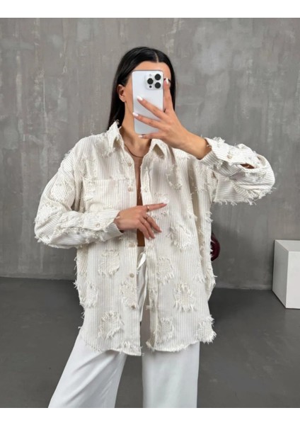 Çizgili Püskül Detaylı Keten Gömlek