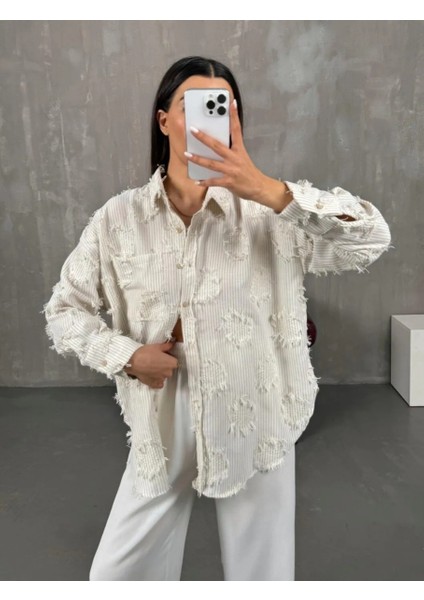 Çizgili Püskül Detaylı Keten Gömlek modelleri